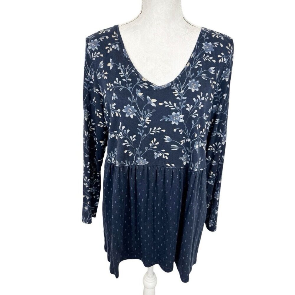J Jill Women's L Petite Mixed‎ Print Knit Peasant Pleated Top Blue Floral